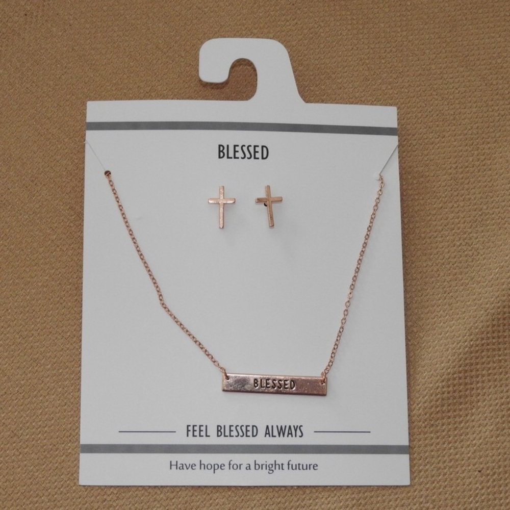“Blessed” Necklace and Cross Earrings
